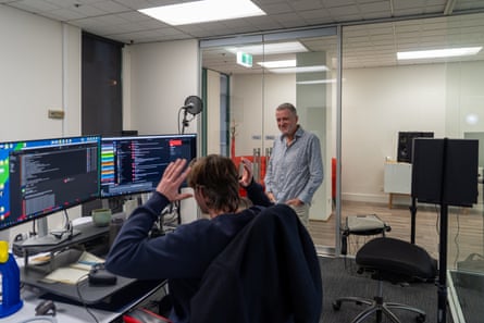 Symons and a developer in the studio’s audio room