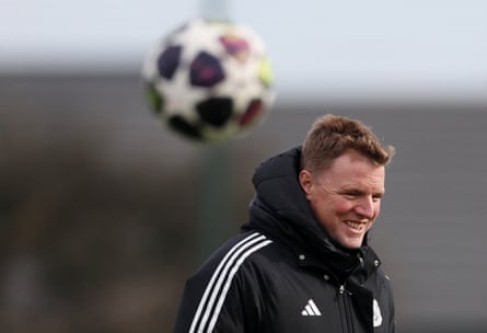 Eddie Howe is all smiles in training ahead of the Champions League playoff second leg against Qarabag