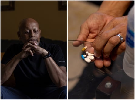 dual photos show man’s face and hands holding meds