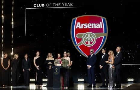 Arsenal manager Renee Slegers makes a speech after winning the 2025 Ballon d'Or women's club of the year award.