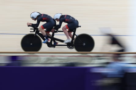 Carine Hall and Lora Fachi of ParalympicsGB during a training session at the velodrome.