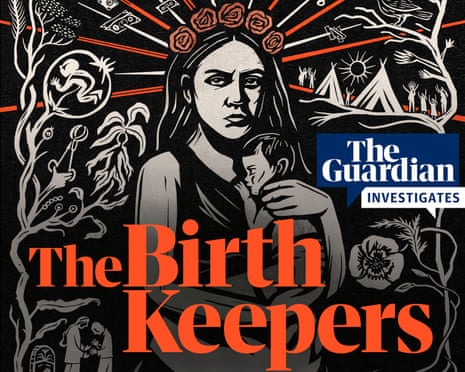 Illustration of woman and baby, overlaid with text reading: 'The Birth Keepers'