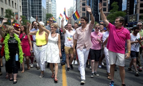 Justin Trudeau marches in the annual Pride parade in Toronto in 2016. The move to criminalize ‘conversion therapy’ aims to fulfill a campaign promise.