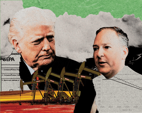 an illustration of the heads of two men against images of pollution clouds and oil