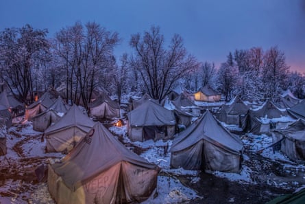 View of the tents at Vucjak at sunset