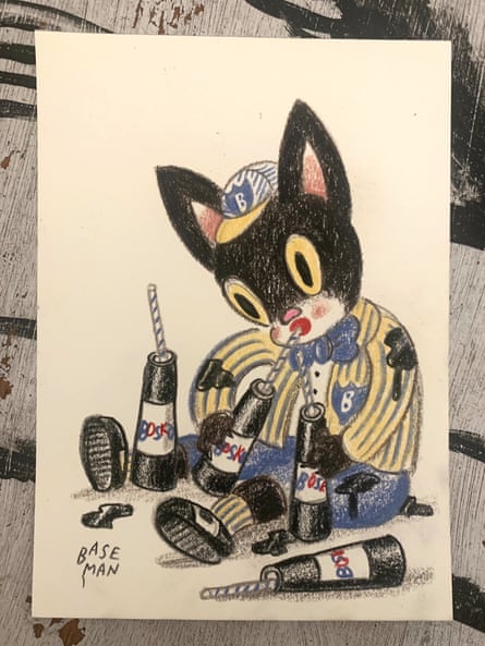 A Bosko-inspired picture of a cat drinking bottles of ‘Bosko’ through straws