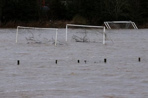 Flood water from the River Wharfe covers football pitches in Tadcaster.