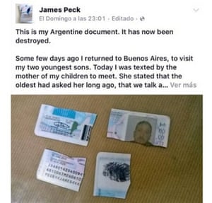 James peck的facebook页面显示了他被毁的阿根廷身份证