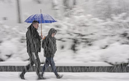 Two people, one holding a blue umbrella, walk past snow-covered bushes during heavy snowfall