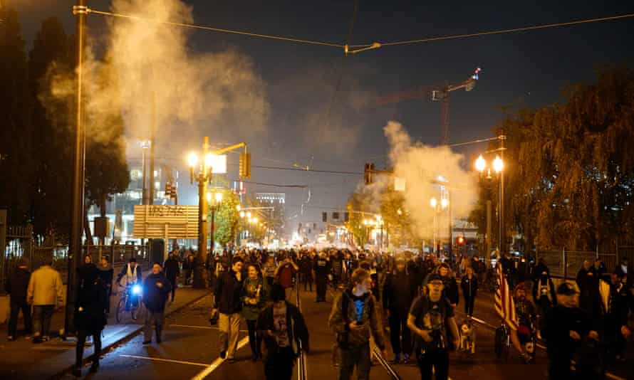 Protesters in Portland, Oregon, on the night of Thursday 10 November.