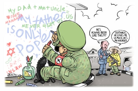 A cartoon by Ogon showing Kainerugaba scrawling on a wall