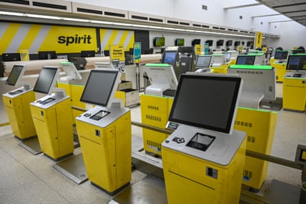 A deserted Spirit Airlines check-in area.