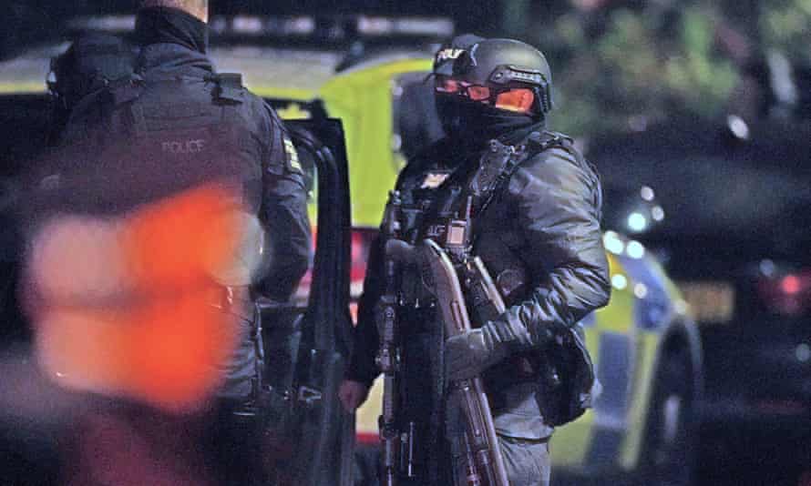 An armed police officer in Rutland Avenue. Liverpool