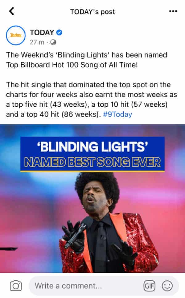 Screenshot of the Today show’s social media post about the winner of the best song of all time.