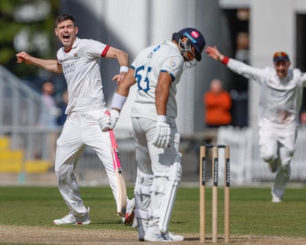 Lancashire’s James Anderson celebrates a wicket during the Rothesay County Championship.