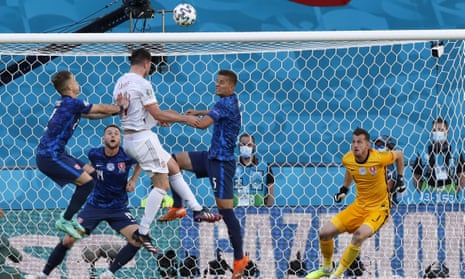 Spain’s Aymeric Laporte heads the ball to score his side’s second goal.