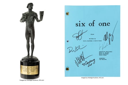 Matthew Perry AuctionThis combination of photos released by Heritage Actions show a Screen Actors Guild Award belonging to Matthew Perry, left, and a cast-autographed copy of the pilot episode of the comedy series “Friends.” (Heritage Auctions via AP)