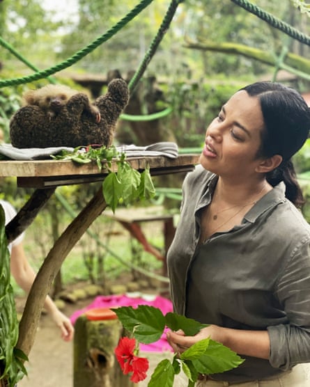 They call me lazy… Liz Bonnin with a baby sloth in Costa Rica, filming Wild Caribbean.