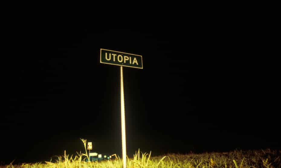 Lighting the way in the real world … a road sign for Utopia, Texas.