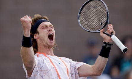 Andrey Rublev, of Russia, reacts after defeating France’s Arthur Rinderknech