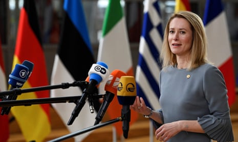 Estonia’s prime minister, Kaja Kallas, speaks to the press as she arrives for a summit at EU parliament in Brussels
