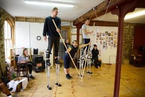 Gasp-making dangerous … strapping on stilts for the show Barnum.