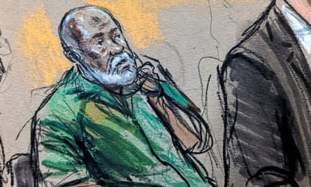 A sketch of the Lockerbie bombing suspect Mohammed Abouagela Masud appearing in court in Washington DC on Monday.
