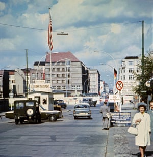 The famous Checkpoint Charlie crossing point, marking the border between East (Soviet sector) and West Berlin (American sector), 1968