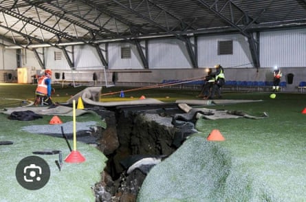 Grindavík’s indoor hall cleaved in two by a fissure up to 25 metres deep