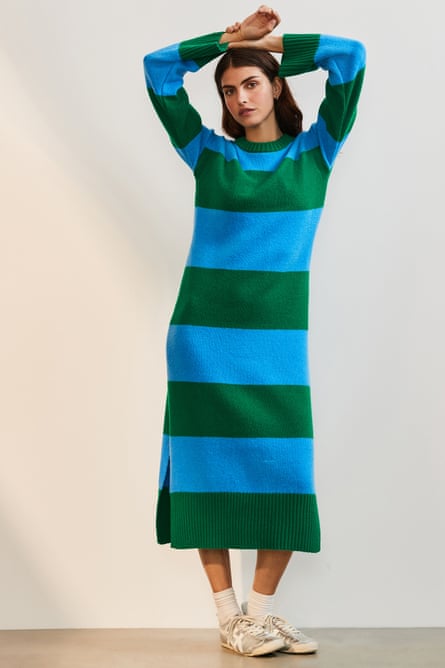 Model wearing a turquoise and green knitted dress.