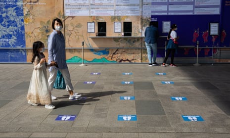 Social distancing marks are seen on the floor at the entrance to the reopened National Museum of Korea in Seoul, South Korea, 29 September 2020.
