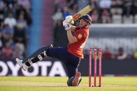 Harry Brook hits a shot during the third men’s international T20 match between England v West Indies