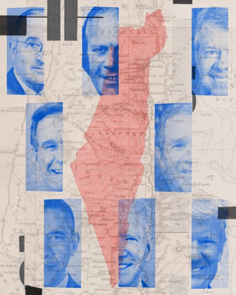 Collage of US presidents surrounding a map of Israel