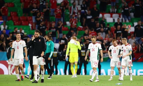 Hungary’s Willi Orban, Adam Szalai, Gergo Lovrencsics, Laszlo Kleinheisler and Kevin Varga leave the pitch with a look that’s a mixture of disbelief and dejection.