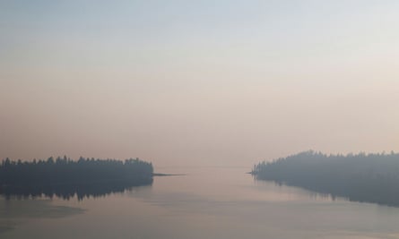 A view from Emerald Bay towards Lake Tahoe is obscured by smoke from the Caldor fire on Monday.