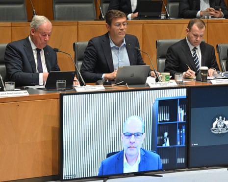 Plymouth Brethren Christian Church director Lloyd Grimshaw appears via video link before the joint standing committee on electoral matters into inquiry into the 2025 federal election at Parliament House