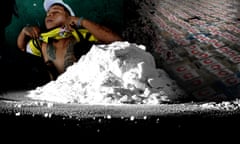 Pile of cocaine with images from Ecuador in the background