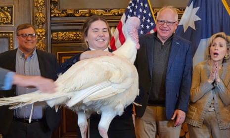 Minnesota governor Tim Walz, second right, accepts the symbolic presentation of a turkey from Paisley VonBerge, a Future Farmers of America leader from Hutchinson, at the Minnesota State Capitol on Tuesday, 26 November 2024, as state Agriculture Commissioner Thom Petersen and first lady Gwen Walz look on.