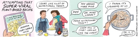 A series of cartoon images of a couple trying to cook an online recipe, panel 1