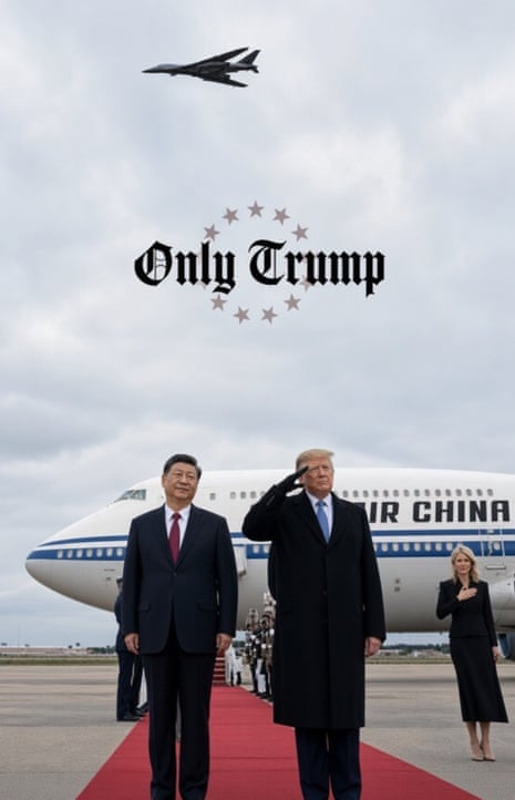 A screenshot of an edited image posted on Donald Trump’s Truth Social account, showing him with China’s president, Xi Jinping, during a US military flyover in Maryland on 23 September.