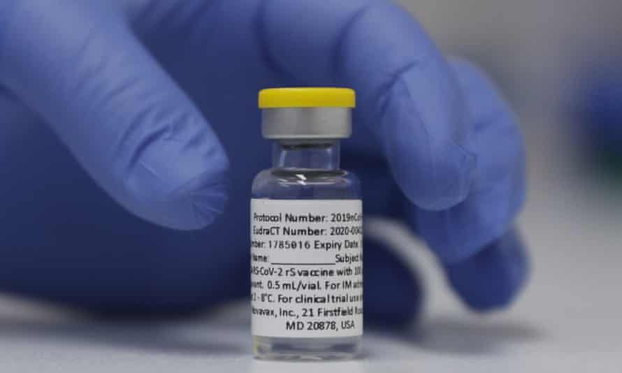 A vial of the phase-three Novavax coronavirus vaccine is seen ready for use in the trial at St. George’s University hospital in London.