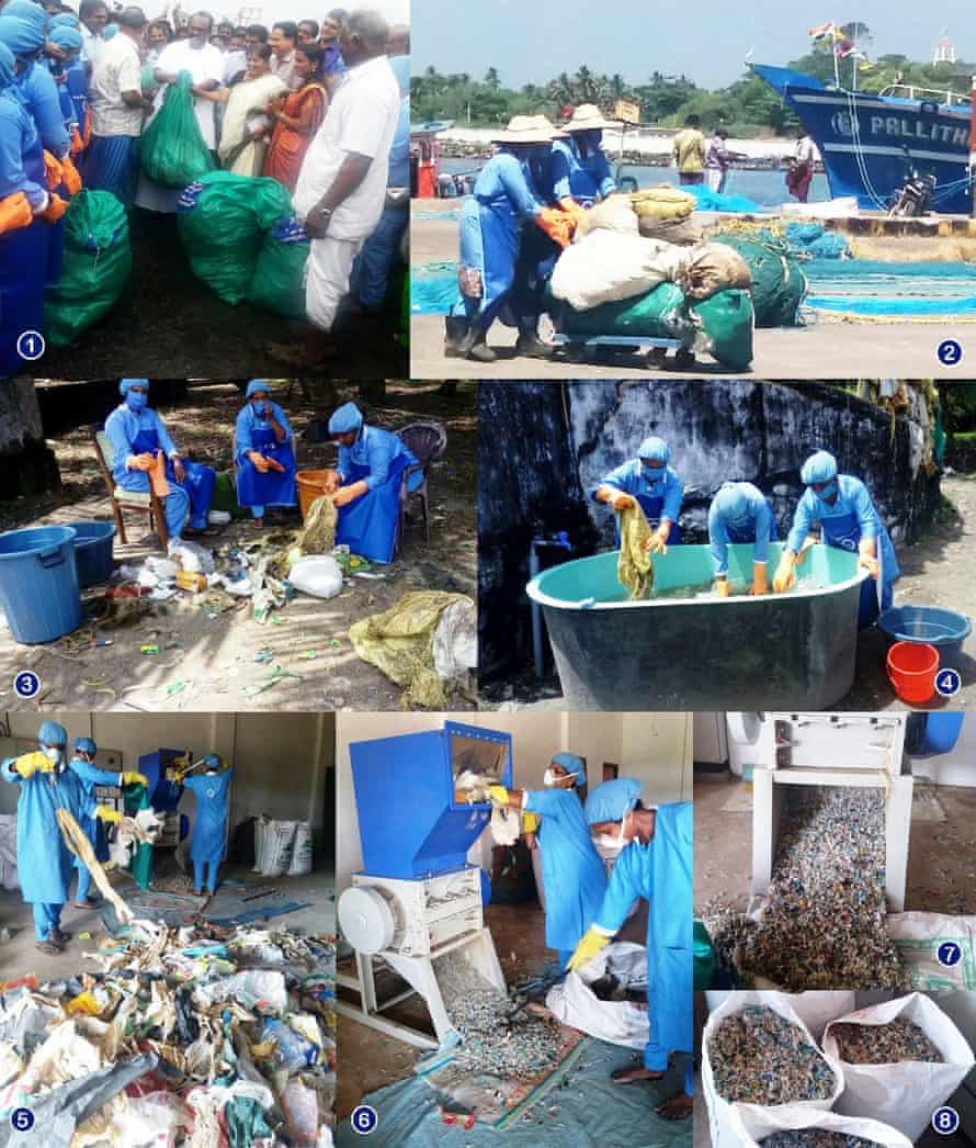 Suchitwa Sagaram (Clean Sea) scheme workers sort, clean and shred plastic waste. The project creates jobs for women in a male-dominated sector.