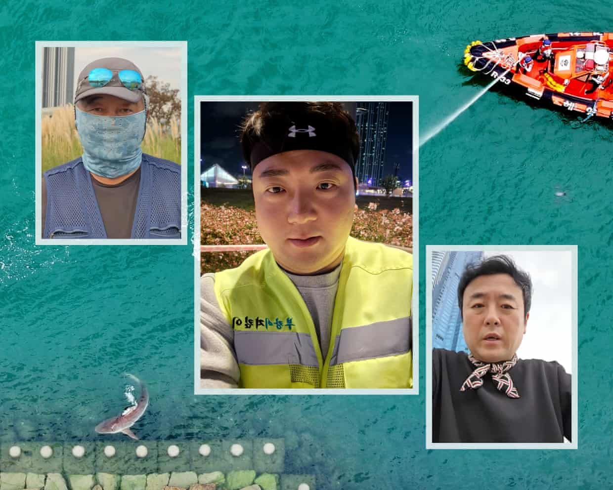 Portraits of Kim Jong-hwan, Choi Won-jin and Na Tae-soo collaged with a boat spraying water