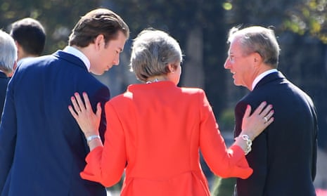 Theresa May with Austria’s chancellor Sebastian Kurz and the governor of Salzburg Wilfried Haslauer Jnr.