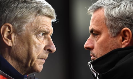 Arsenal v Manchester United - Premier League<br>FILE PHOTO (EDITORS NOTE: COMPOSITE OF TWO IMAGES - Image numbers (L) 609115656 and 632284824) In this composite image a comparision has been made between Arsene Wenger, Manager of Arsenal (L) and  Jose Mourinho, Manager of Manchester United.  Arsenal and Manchester United meet in a Premier League match at the Emirates Stadium on May 7, 2017 in London,England.   ***LEFT IMAGE*** NOTTINGHAM, ENGLAND - SEPTEMBER 20: Arsene Wenger, Manager of Arsenal looks on during the EFL Cup Third Round match between Nottingham Forest and Arsenal at City Ground on September 20, 2016 in Nottingham, England. (Photo by Laurence Griffiths/Getty Images) ***RIGHT IMAGE*** STOKE ON TRENT, ENGLAND - JANUARY 21: Jose Mourinho, Manager of Manchester United looks on during the Premier League match between Stoke City and Manchester United at Bet365 Stadium on January 21, 2017 in Stoke on Trent, England. (Photo by Laurence Griffiths/Getty Images)