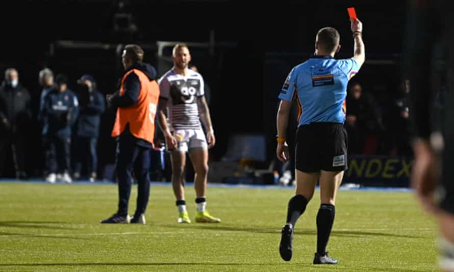 Sale’s Byron McGuigan is shown the red card by referee Thomas Foley.