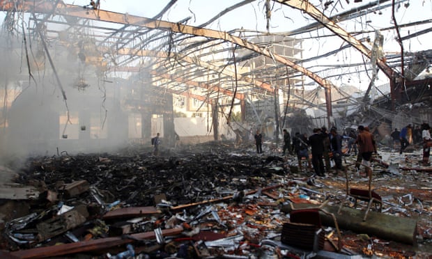 The aftermath of the airstrike on a funeral hall in Sana’a on 8 October. 