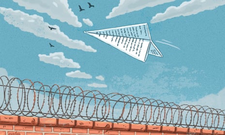 An illustration of a letter folded as an aeroplane flying over barbed wire on top of a brick wall, with a pale blue sky and fluffy clouds and birds above