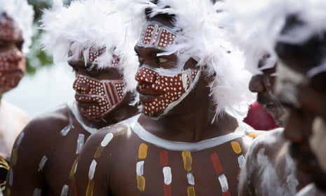 Members of the Rirratjingu clan painted in traditional colours perform ceremonial bunggul (dances) at the 17th annual Garma in north-east Arnhem Land.