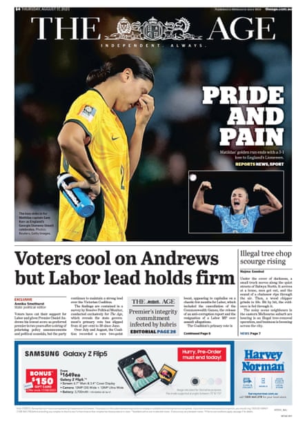 The Age front page Thu 17 Aug after Matildas defeat in WWC